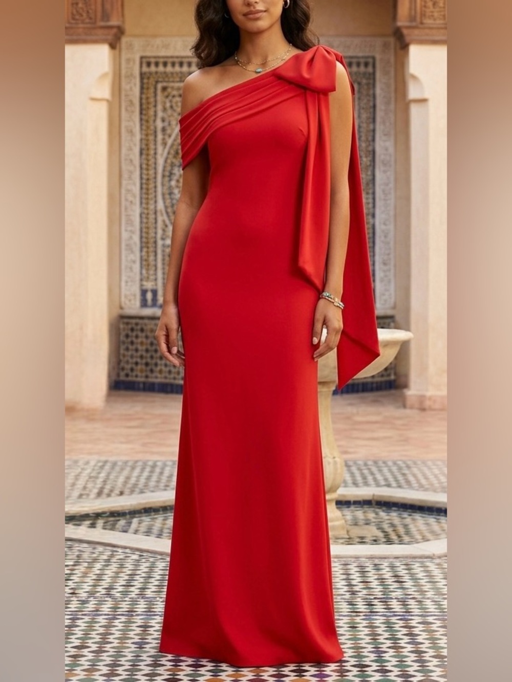 Tadashi Shoji One-Shoulder Red Evening Gown with Draped Bow